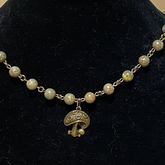 Natural Earthy Unakite Necklace, Cute Bronze Round Mushroom + Genuine Gemstone - Picture 3 of 16